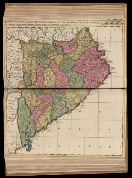 Principatus Cataloniae, comitatus Perpiniani et Cerdannae, divisi in suos episcopatus et urbanos ditiones, cum adjacentibus provinciis; quos hoc tabula expresserunt Gerards. et Leonards. Valk.