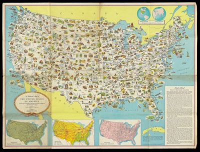 A pictorial map of the United States of America showing principal regional resources, production, and natural features published by the Department of State.