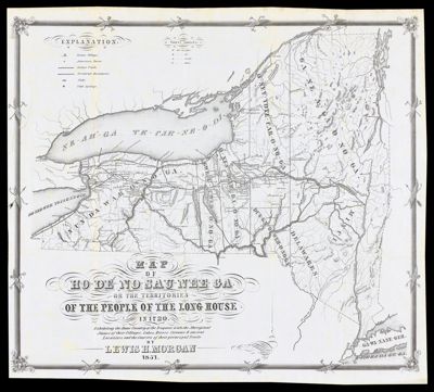 Map of Ho-de-no-sau-nee-ga : or the territories of the People of the Long House in 1720 ; exhibiting the home country of the Iroquois with the aboriginal names of their villages, lakes, rivers, streams & ancient localities, and the courses of their principal trails.