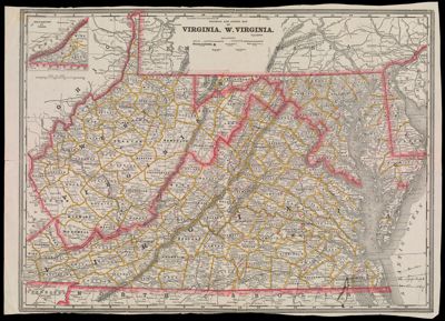 Railroad and County Map of Virginia, W. Virginia, Copyrighted