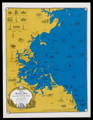 Map of Romantic Boston Bay : The Shore Line from Salem Harbor to Scituate Harbor designed and compiled by Edward Rowe Snow assisted by Stanley Grzywoc, artist