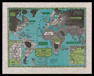 Moral and Political Chart of the Inhabited World exhibiting the Prevailing Religion, Form of Government, Degree of Civilization and Population of each country
