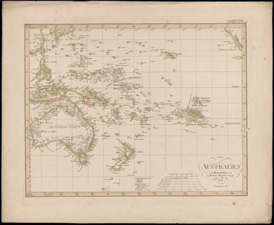 Australien nach Krusenstern u.A. in Mercators Projection entworfen u. gez. v. Ad. St. 1826 Nachträge bis 1847.