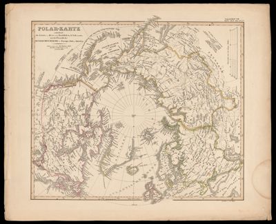 Polar-Karte enhaltend: die Lander u. Meere von Nord-Pol bis 50o M. Br. u. weiter; mit der Ubersicht des Russischen Reichs in Europa, Asia u. America. Entw. u. gez von Ad. Steiler. 1832. Revidirt, nachgteragen u. neu gestochen 1846.