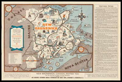 Pictorial Road Map of New Brunswick, Canada.
