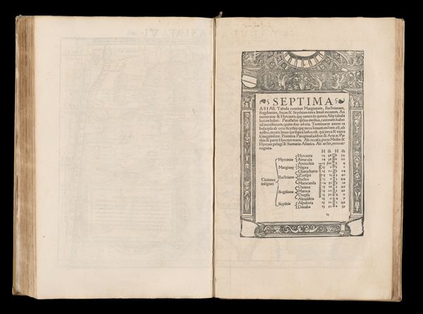 Septima Asiae Tabula continet Margianam, Bactrianam, Sogdianam, Sacas & Scythiam intra Imau montem.  An numerator & Hyrcania, que tamen in quinta Asie tabula locum haber.  Parallelus ipsius medius, rationem habet ad meridianum, quam duo ad tria.  Terminatur autem tabula ipsa ab ortu Scythia que intra Imaum motem est, ab austro, monte Imao qui supra Indos est, qui intra & extra Gangemsunt.  Praeterea Paropanisadibus & Aria ac Parthia & parte Hyrcani maris.  Ab occasu, parte Mediae & Hyrcani pelagi & Sarmatia Asiatica.  Ab arctis, terra incognita.