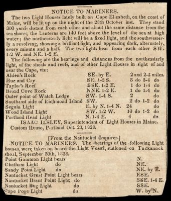 Notice to Mariners The two light houses lately built on Cape Elizabeth...will be lit up on the night of the 28th Oct...