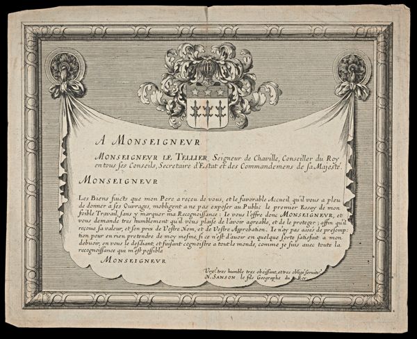 A Monseigneur : Monseigneur le Tellier Seigneur de Chaville, Conseiller du Roy en tous ses Conseils, Secretaire d'Estat et des Commandemens de sa Majeste...