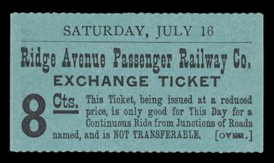 Ridge Avenue Passenger Railway Co. Exchange Ticket 8 Cts.