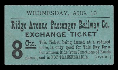 Ridge Avenue Passenger Railway Co. Exchange Ticket 8 Cts.