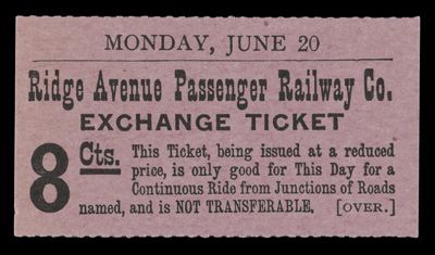 Ridge Avenue Passenger Railway Co. Exchange Ticket 8 Cts.