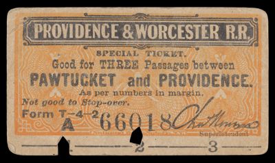 Providence & Worcester R.R. Special Ticket Good for Three Passages between Pawtucket and Providence