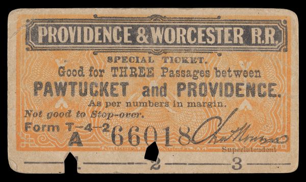 Providence & Worcester R.R. Special Ticket Good for Three Passages between Pawtucket and Providence