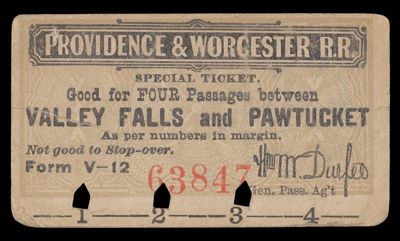 Providence & Worcester R.R. Special Ticket Good for Four Passages between Valley Falls and Pawtucket