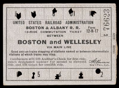 United States Railroad Administration Boston & Albany Railroad 12-Ride Commutation Ticket between Boston and Wellesley