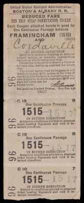 United States Railroad Administration Boston & Albany R. R. Ten Trip Strip Commutation Ticket