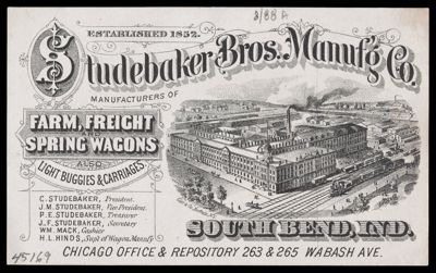 Studebaker Bros. Manuf'g Co. Manufacturers of Farm, Freight and Spring Wagons also Light Buggies and Carriages