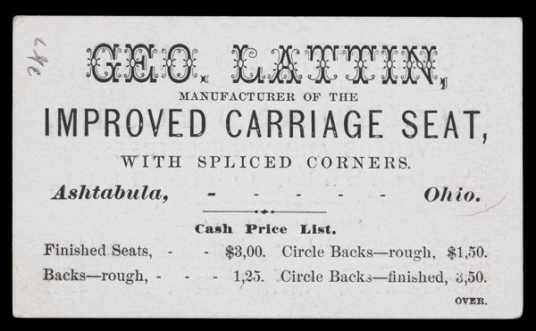 Geo. Lattin, Manufacturer of the Improved Carriage Seat with spliced corners