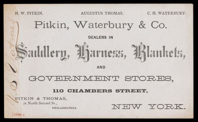 Pikin, Waterbury & Co. Dealers in Saddlery, Harness, Blankets, and Government Stores