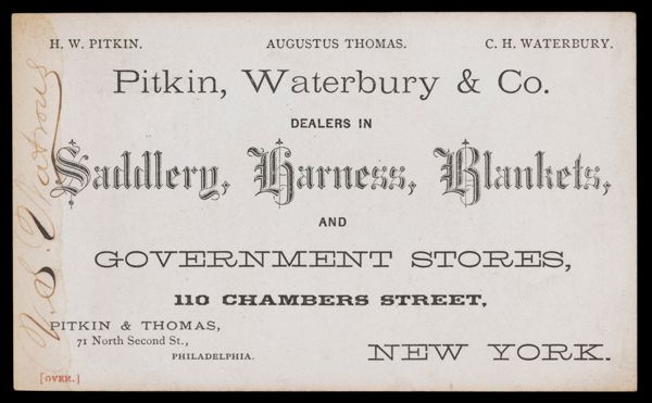 Pikin, Waterbury & Co. Dealers in Saddlery, Harness, Blankets, and Government Stores