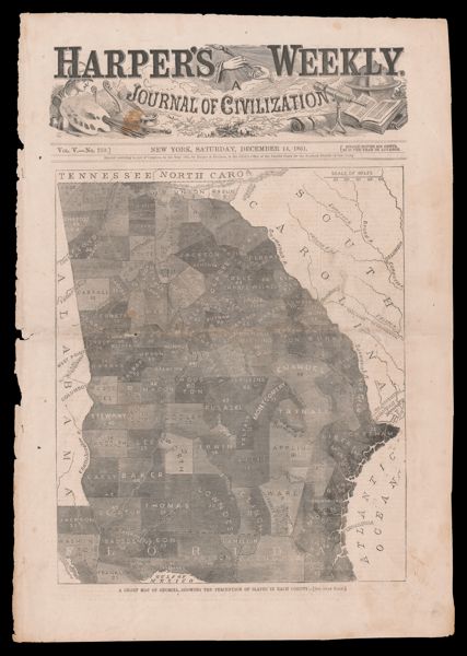 A chart map of Georgia, showing the percentage of slaves in each county
