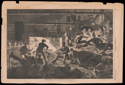 Winter-quarters in camp - the inside of a hut