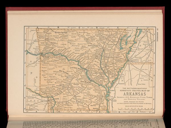 The Matthews-Northrup adequate travel-map of Arkansas showing ALL the Railroads, Cities, Towns, and Principal Villages