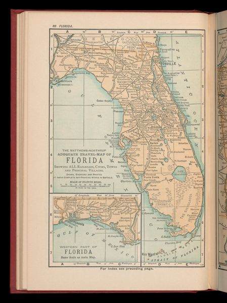 The Matthews-Northrup adequate travel-map of Florida showing ALL Railroads, cities, towns and Principal Villages
