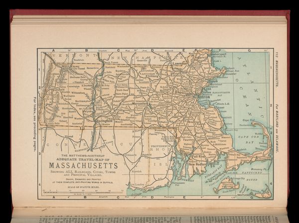 The Matthews-Northrup adequate travel-map of Massachusetts showing ALL the Railroads, Cities, Towns, and Principal Villages