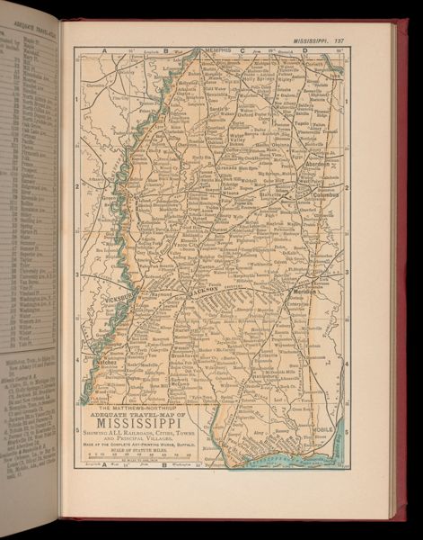 The Matthews-Northrup adequate travel map of Mississippi showing ALL Railroads, Cities, Towns, and Principal Villages