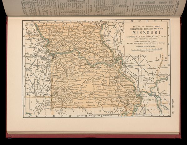 The Matthews-Northrup adequate travel map of Missouri showing ALL Railroads, Cities, Towns, and Principal Villages