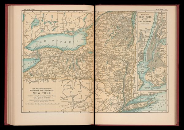 The Matthews-Northrup adequate travel map of New York showing ALL Railroads, Cities, Towns, and Principal Villages
