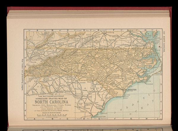 The Matthews-Northrup adequate travel map of North Carolina showing ALL Railroads, Cities, Towns, and Principal Villages