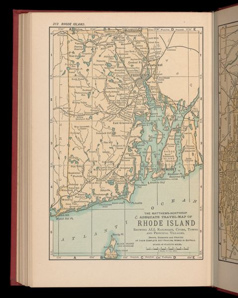 The Matthews-Northrup adequate travel map of Rhode Island showing ALL Railroads, Cities, Towns, and Principal Villages