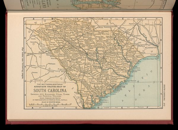 The Matthews-Northrup adequate travel map of South Carolina showing ALL Railroads, Cities, Towns, and Principal Villages