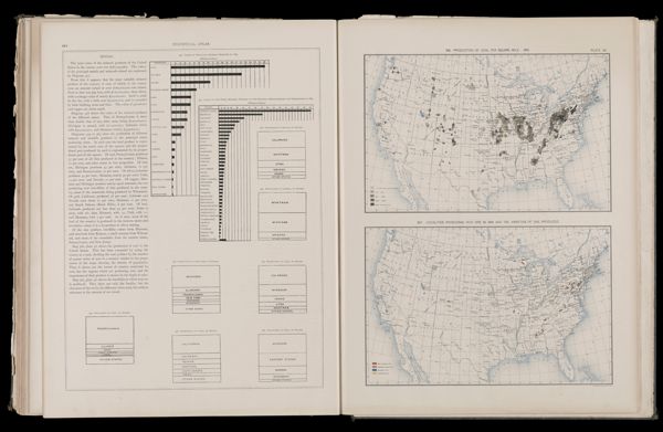 Production of coal per square mile 1890 / Localities producing iron ore in 1889 and the varieties of ore produced