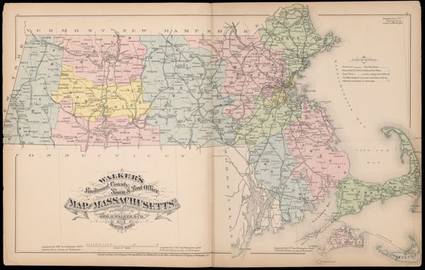 Walker's Railroad, County, Town & Post Office Map of Massachusettes