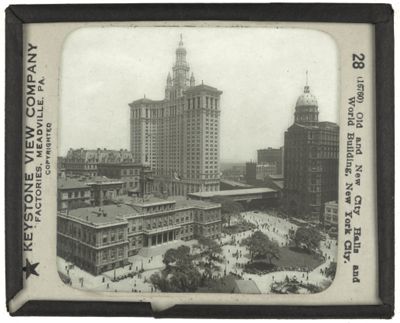 Old and New City Halls and World Building, New York City.
