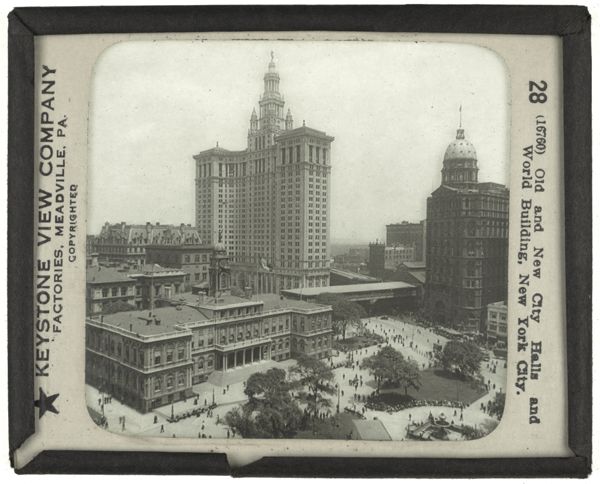 Old and New City Halls and World Building, New York City.