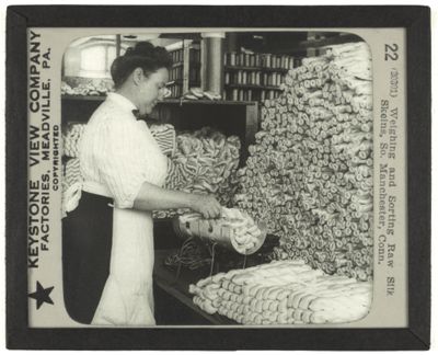 Weighing and Sorting Raw Silk Skeins, So. Manchester, Conn.