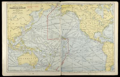 Map of the Pacific Ocean showing distances between principal points and the International Date Line.