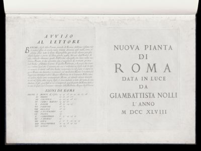 Avviso al Lettore / Nuova Pianta di Roma data in luce da Giambattista Nolli l'anno M DCC XLVII [Title page]