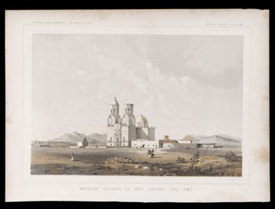 U.S.P.R.R.Exp. & Surveys, 32nd. parallel & Cal. General report, Plate VIII. Mission church of San Xavier del Bac.