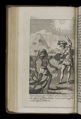 Ten canoes of Natives of an Island near the Land of Desolation come and traffick with Captn.. Davis.