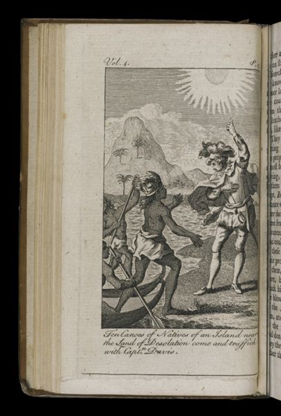Ten canoes of Natives of an Island near the Land of Desolation come and traffick with Captn.. Davis.