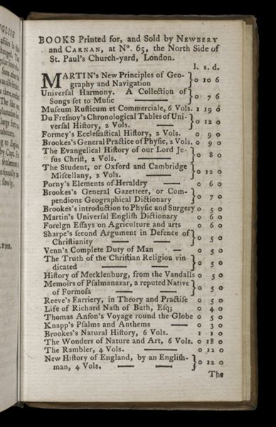 Books Printed for, and Sold by Newbery and Carnan, at Nº. 65, the North Side of St. Paul's Church-yard, London.