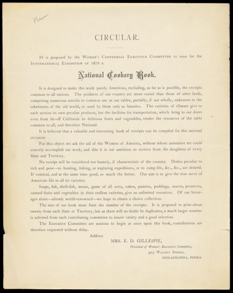 Women's Centennial Executive Committee national cookery book circular.