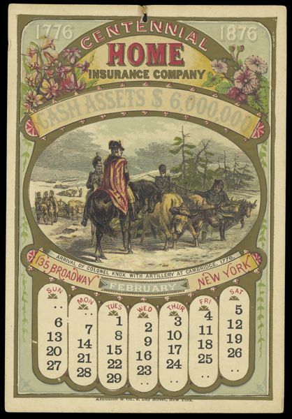Centennial Home Insurance Company [1876 calendar] - February - Arrival of Colonel Knox with artillery at Cambridge. 1776.