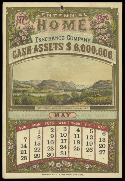 Centennial Home Insurance Company [1876 calendar] - May - West Point - with its fortifications &c. 1780.