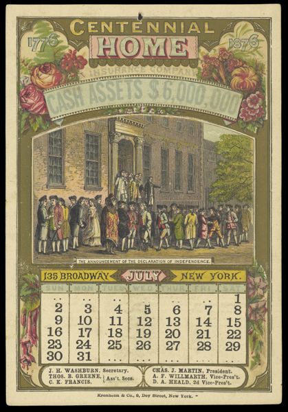 Centennial Home Insurance Company [1876 calendar] - July - The announcement of the Declaration of Independence.